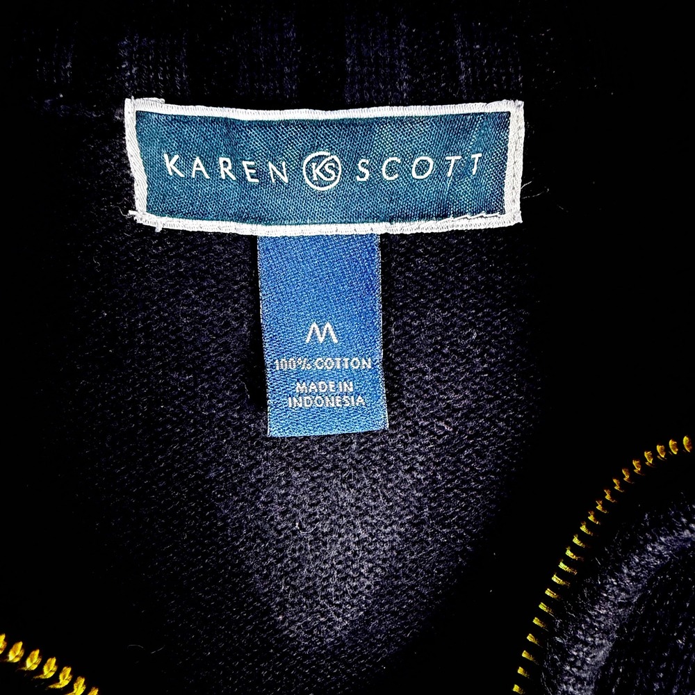 Karen Scott Women M Navy White Stripe Cotton Quarter Zip Sweater Nautical Preppy - Picture 5 of 9